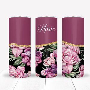 Custom Name Burgundy Tumbler, Floral Travel Mug